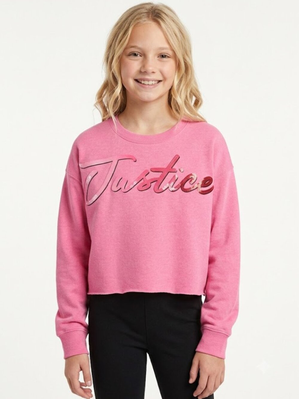 Justice Girls Cropped Sweatshirt Pink Medium –Graphic Logo Ragged Edge Pullover